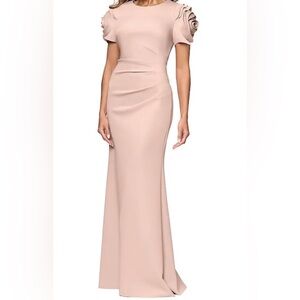 Xscape Rosette Short Sleeve Sheath Gown - Soft Pink/Blush Dress